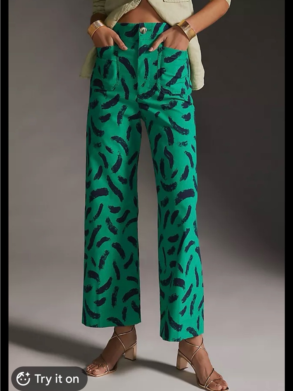 Maeve Kelly Green and Navy Brushstroke Collette Cropped Pants Size 30